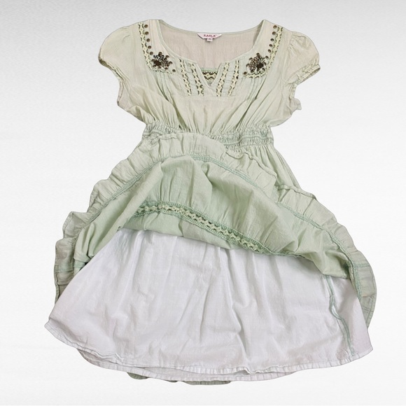 VINTAGE | Karla Design Pistachio Green Peasant Embellished Babydoll Boho Dress - Picture 8 of 10